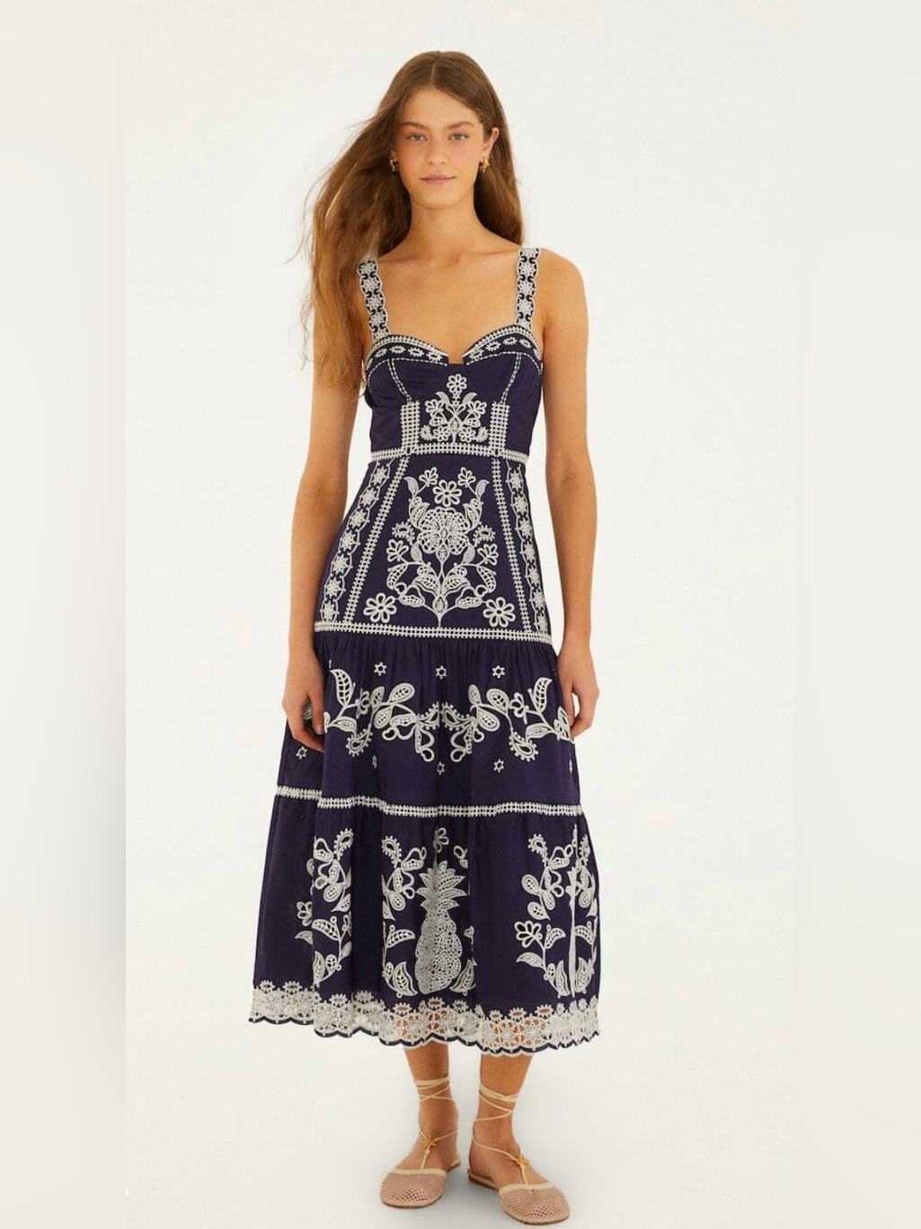 Nwt Farm Rio Blue Richelieu Embroidered Midi Dress